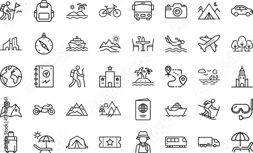 Travel And Vacation Adventure Concept icon set. With travel, vacation, tourist, transport, flight, hotel, map, dining, hiking, camping and more  On White Background