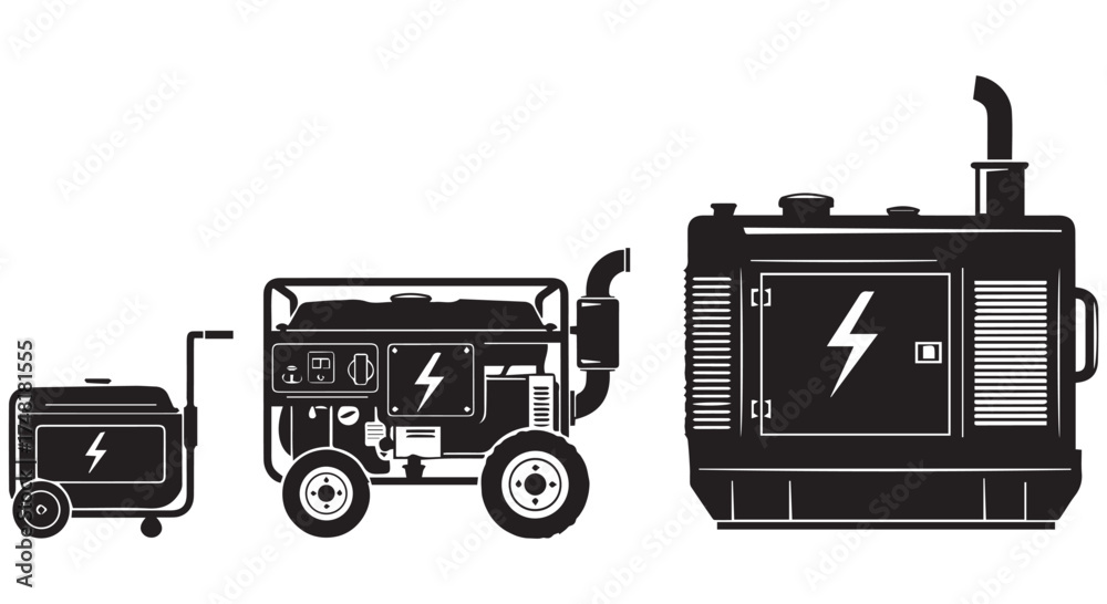 Obraz premium Three black silhouette icons of portable generators in increasing size, isolated on transparent background