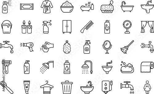 Bathroom Interior Elements icon set. With Shower washbasin, closet, shower, wc, plumbing, mirror, tap, trash, bath, hygiene, shampoo, towel, soap, clean, bubble, Vector Icon Set On White Background.