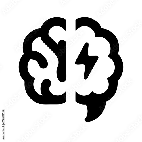 Black and white brain with lightning bolt