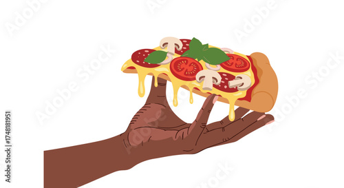 A delicious slice of pizza with melted cheese and toppings being held by a hand.