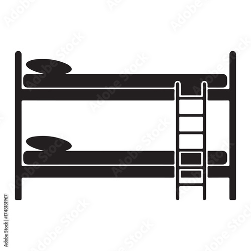 Black and white bunk bed illustration featuring a ladder for easy access to the top bunk bedding and supports