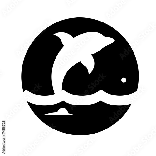 A white dolphin jumping out of the water in a black circle