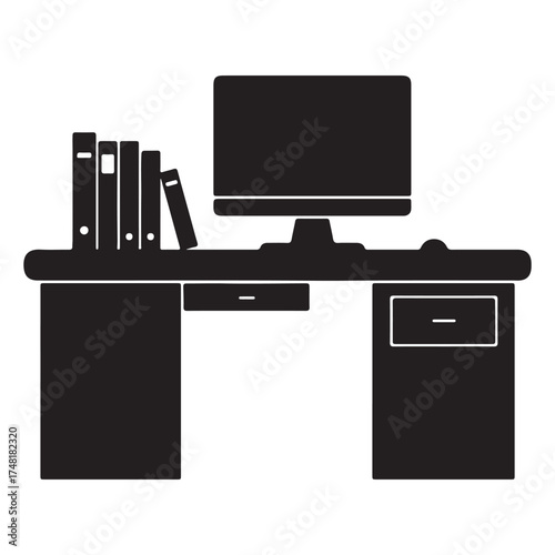 Black and White Desk Icon with Computer Books and Drawers for Website Design and Office Space Concepts