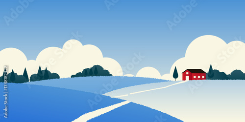 Winter snow mountain landscape. Snowy hill valley with red cabin and pine trees, cartoon xmas new year background, Scandinavian countryside horizontal panorama. Vector illustration