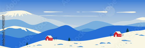 Winter landscape. Snow mountains hills with red cabins, nature scenery background with snowdrifts houses and fir trees, modern poster design. Vector illustration