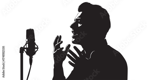 Silhouette of a man singing passionately into a microphone, isolated on transparent background