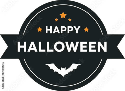 Happy halloween badge with bat isolated on white background