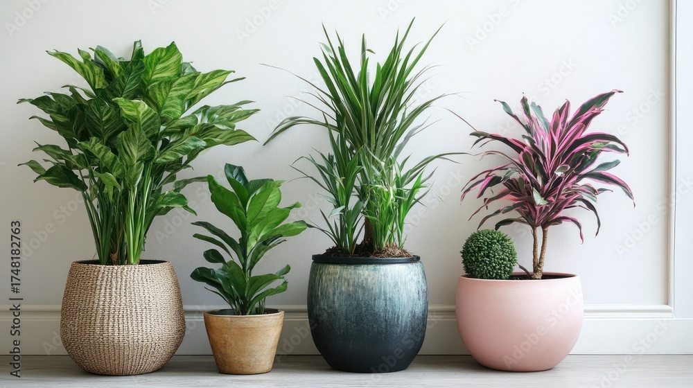 Fototapeta premium Potted plants against white wall background