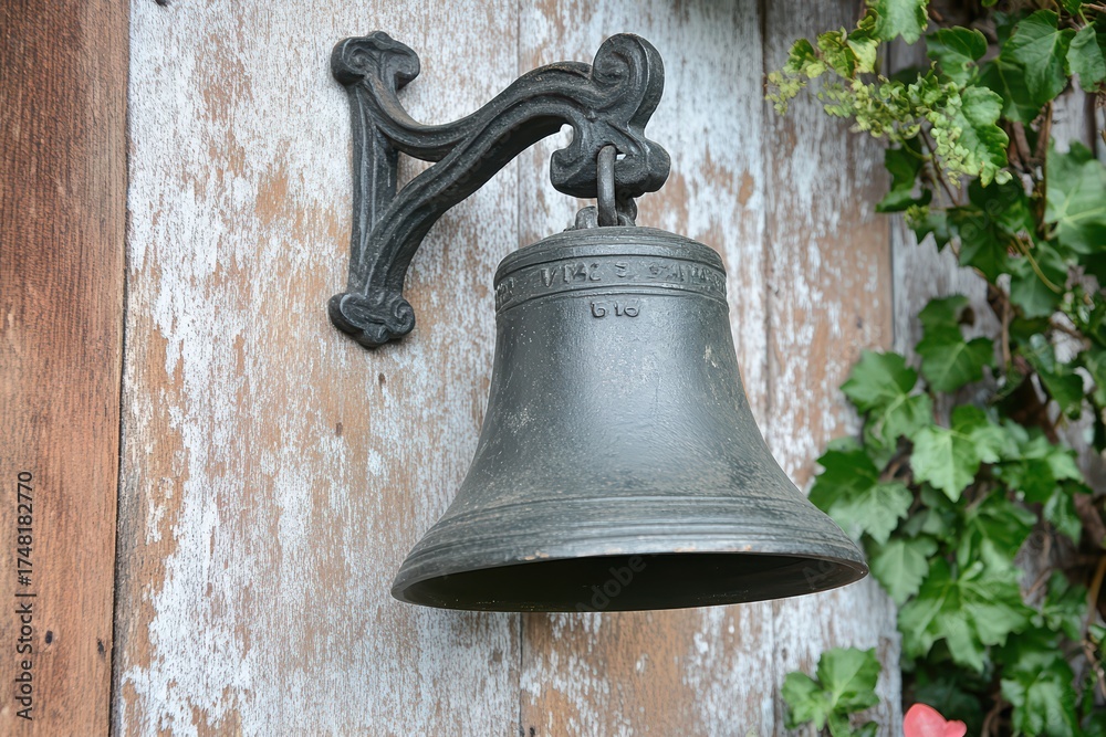 Fototapeta premium Old cast iron bell hanging on weathered wooden wall with green ivy climbing around. Rustic outdoor decoration for house entrance.
