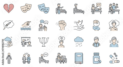 Collection of mental health and psychology icons, including emotions, therapy, and support, isolated on transparent background