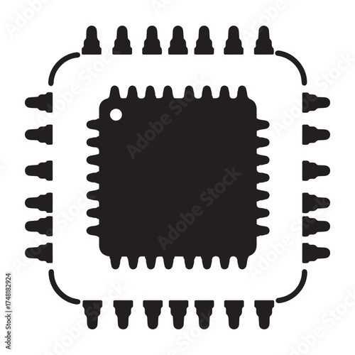 Black and White Illustration of an Integrated Circuit Computer Chip with Pins for Electronics and Technology Applications