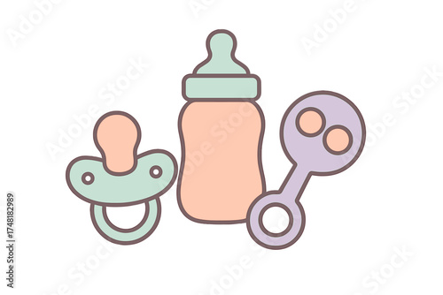 Baby essentials set including feeding bottle, pacifier, and rattle toy in pastel colors