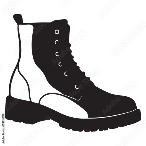 Black and White Lace Up Boot Vector Illustration Fashionable Footwear Design Strong Durable Ankle Support Stylish Trendsetting Style Ready for Adventure
