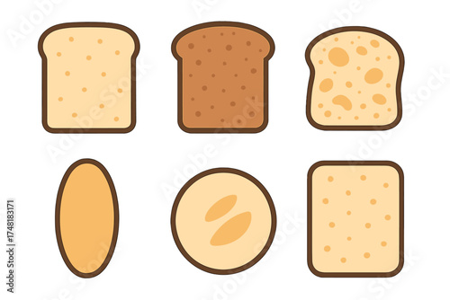 Collection of various sliced bread types and baked goods in flat graphic style