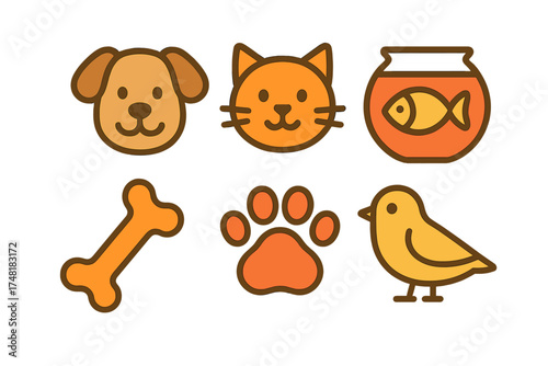 Cute domestic animals set featuring dog, cat, fish, bird, bone, and paw print symbols