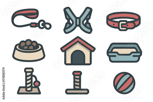 Essential pet care accessories and supplies set including leash, collar, food bowl, and dog house