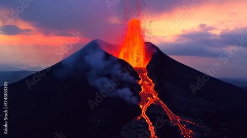 Volcano erupting at sunset, lava flows down mountainside