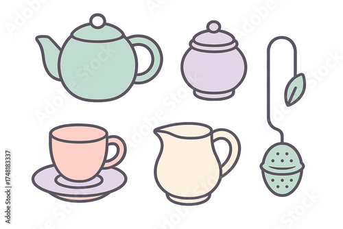 Minimalist pastel tea service set including teapot, teacup, sugar bowl, creamer, and infuser