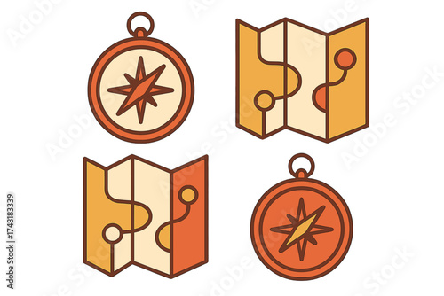 Vintage compasses and route tracking maps collection for navigation tools