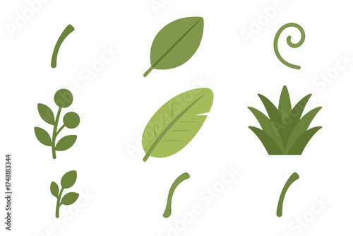 Stylized collection of diverse green foliage elements including tropical leaves, small branches, and grass