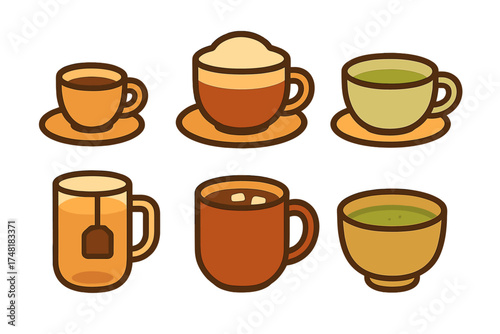 Collection of six different hot beverages including coffee tea and hot chocolate