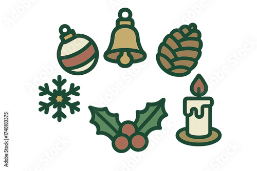 Collection of festive winter symbols including decorative ornament, ringing bell, pine cone, snowflake, holly, and burning candle
