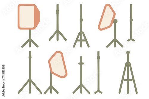 Collection of minimalist photography studio light stands and softboxes in different positions