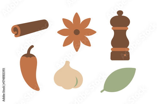 Collection of culinary spices and seasonings including cinnamon, star anise, garlic, and chili pepper
