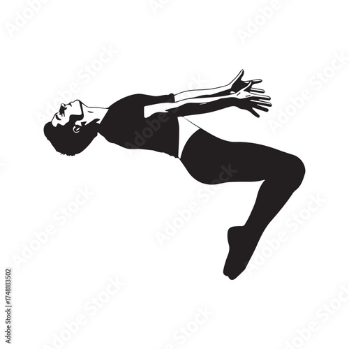 Dynamic silhouette of a male dancer or acrobat in a flexible backbend pose, suspended mid-air on a white background.
