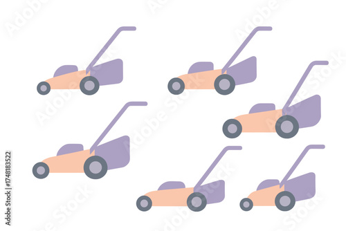 Seamless pattern of stylized lawn mowers in pastel colors for gardening and maintenance background design