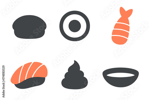 Minimalist Japanese sushi and seafood set featuring nigiri maki shrimp and soy sauce