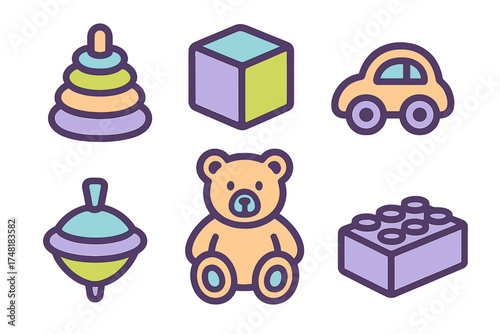 Six colorful children's toys: stacking ring, block, car, spinning top, teddy bear, and brick