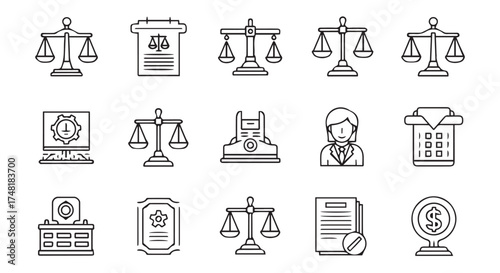 Collection of legal and justice icons including scales of justice, gavel, and documents, isolated on transparent background