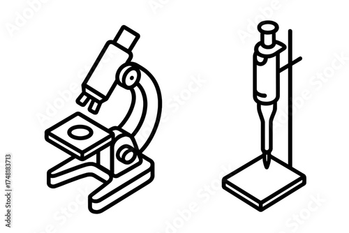 Scientific laboratory equipment showing a microscope and pipette used for medical and biological research