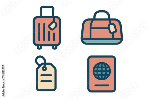 Essential items for travel including suitcase, duffel bag, luggage tag, and passport