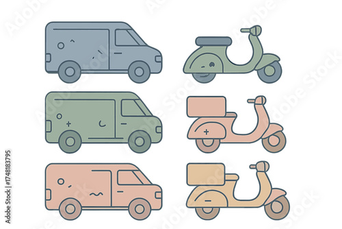 Set of delivery vans and motor scooters for urban logistics and transportation services