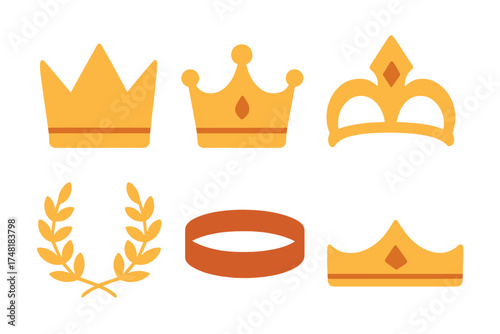 Set of golden crowns, royal headwear, diadem, and laurel wreath symbols