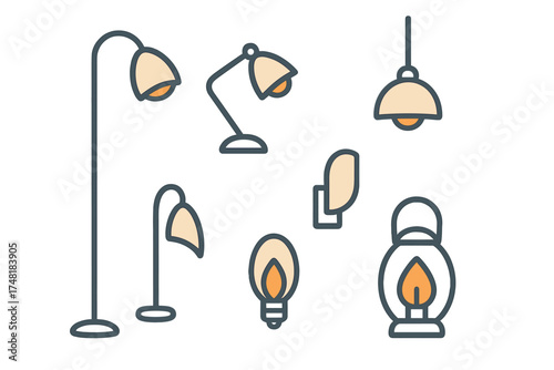 Set of household and decorative lighting fixtures including floor lamps, desk lamps, and a lantern