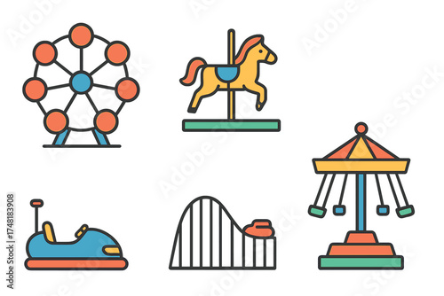 Colorful set of fairground attractions symbols: Ferris wheel, roller coaster, carousel, and bumper car
