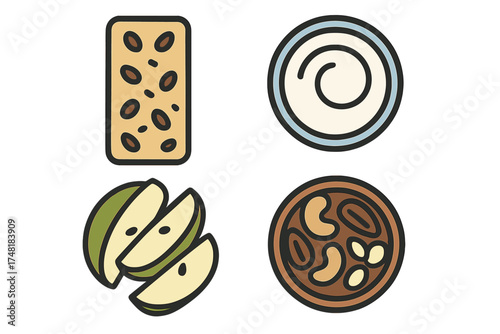 Four healthy food items: nut bar, apple wedges, creamy dip, and bowl of assorted nuts