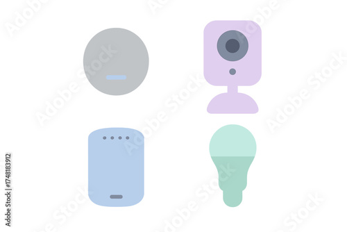 Smart home technology devices including security camera, light bulb, speaker, and thermostat