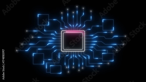 Glowing blue circuit board lines and squares on black background with central processor chip technology