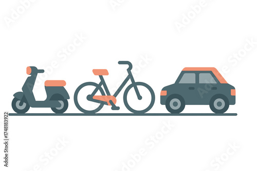 Scooter, bicycle, and car representing different modes of urban transportation and mobility options