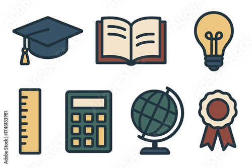 Essential academic symbols for learning and success featuring graduation cap, book, globe, and lightbulb