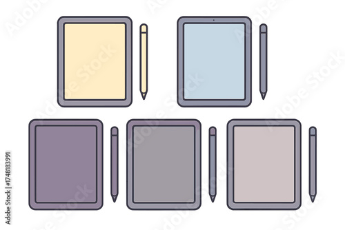Collection of digital drawing tablets and stylus pens in various muted colors