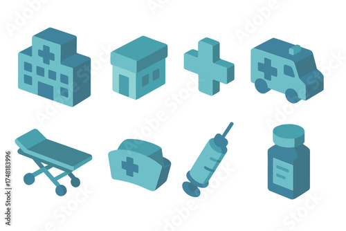 Isometric medical and healthcare icons set showing hospital building ambulance syringe and nurse cap