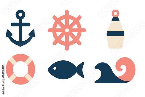 Marine and sailing icons set featuring anchor, ship steering wheel, and life buoy