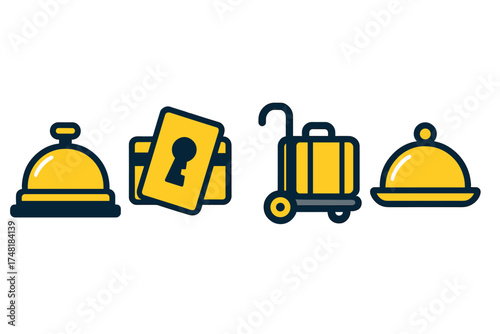 Essential hospitality symbols: reception bell, room key cards, luggage trolley, and food cloche