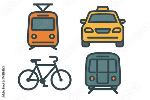 Public transportation symbols including tram, taxi, bicycle, and subway train
